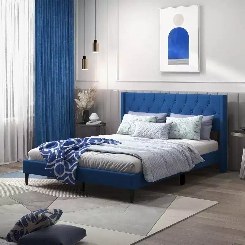 Costway Queen Size Upholstered Platform Bed with Button Tufted Wingback Headboard Blue/Grey