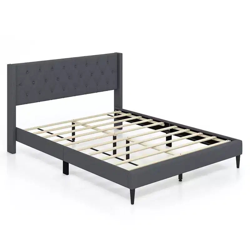 Costway Queen Size Upholstered Platform Bed with Button Tufted Wingback Headboard Blue/Grey
