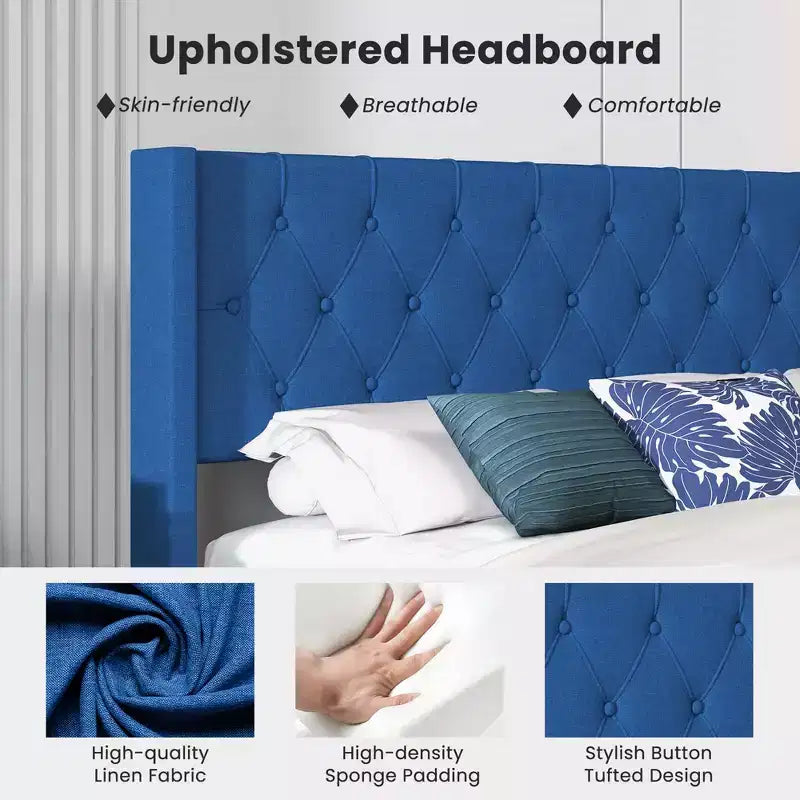 Costway Queen Size Upholstered Platform Bed with Button Tufted Wingback Headboard Blue/Grey