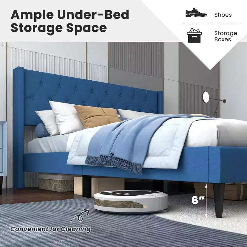 Costway Queen Size Upholstered Platform Bed with Button Tufted Wingback Headboard Blue/Grey