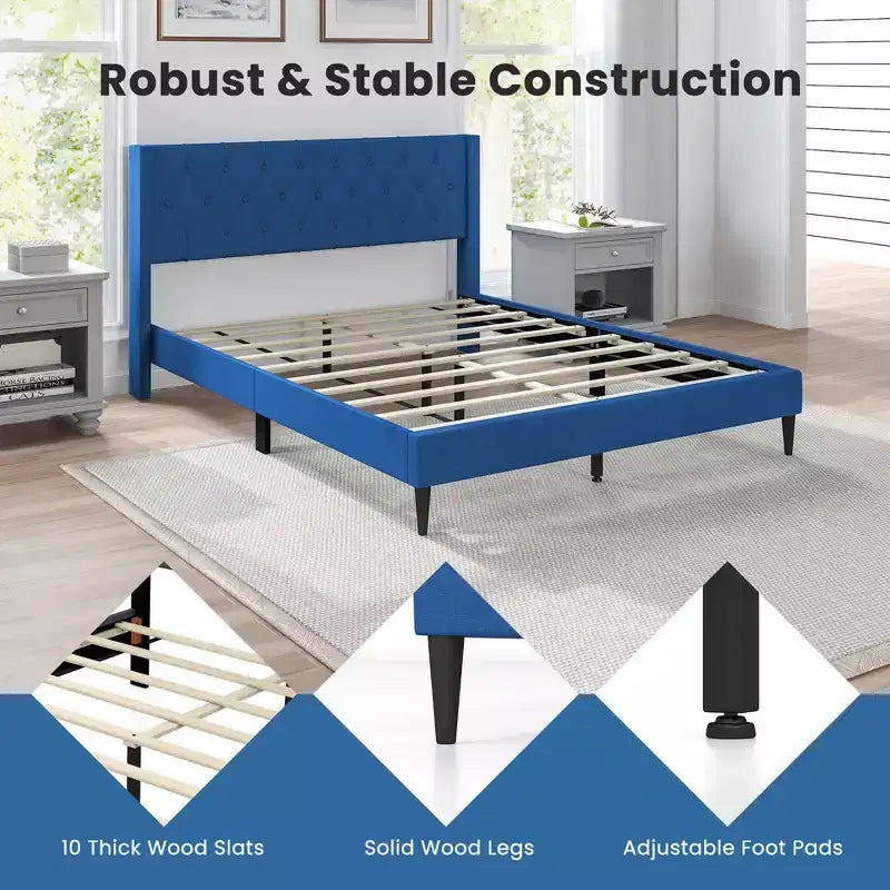 Costway Queen Size Upholstered Platform Bed with Button Tufted Wingback Headboard Blue/Grey