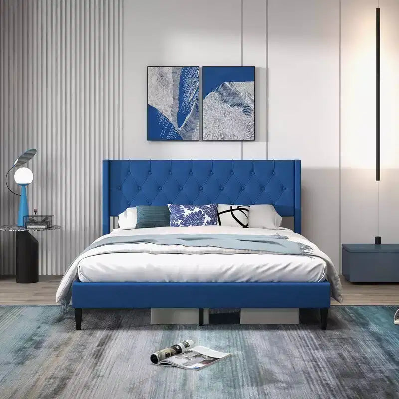 Costway Queen Size Upholstered Platform Bed with Button Tufted Wingback Headboard Blue/Grey