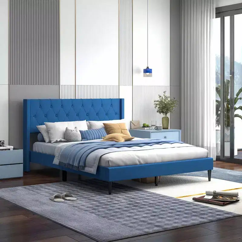 Costway Queen Size Upholstered Platform Bed with Button Tufted Wingback Headboard Blue/Grey