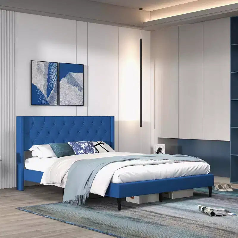 Costway Queen Size Upholstered Platform Bed with Button Tufted Wingback Headboard Blue/Grey