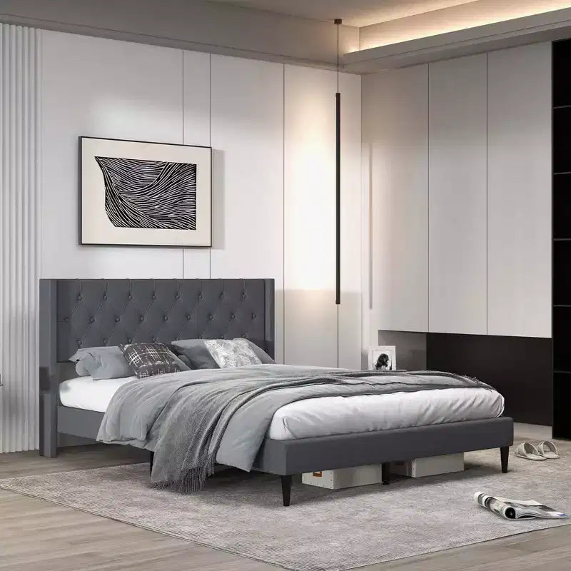 Costway Queen Size Upholstered Platform Bed with Button Tufted Wingback Headboard Blue/Grey