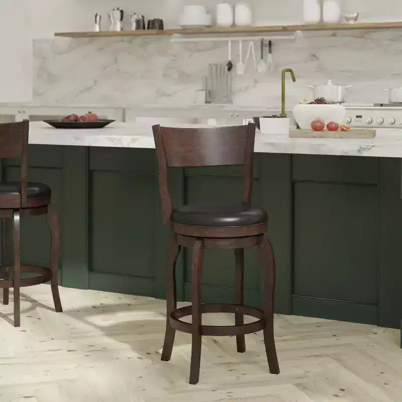 Emma and Oliver Classic Pub Style Swivel Wooden Barstool with Padded Faux Leather Seat