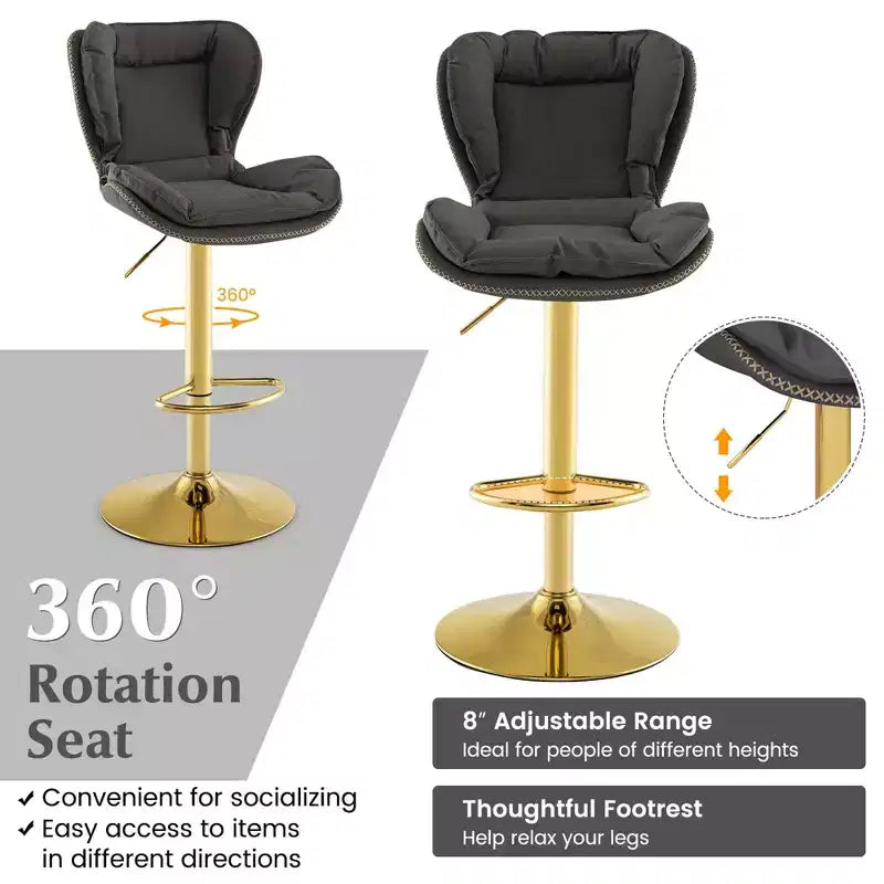 Costway Adjustable Bar Stool Set of 2 Leathaire Bar Chairs with Padded Seat & Footrest