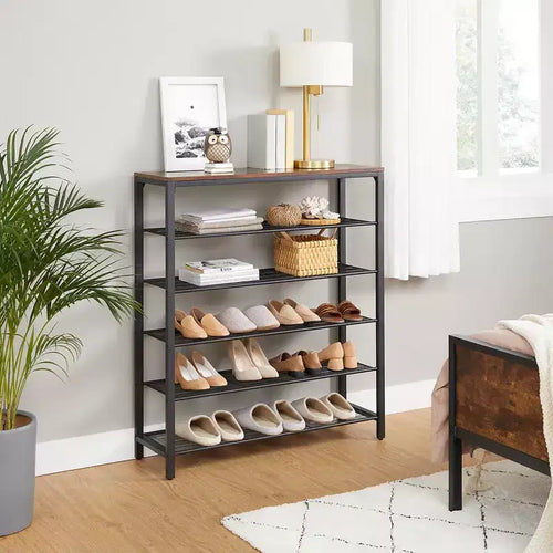 VASAGLE 6-Tier Shoe Rack, Shoe Organizer for Closet, 24-30 Pairs of Shoes, 11.8 x 39.4 x 43.3 Inches, Rustic Brown and Black