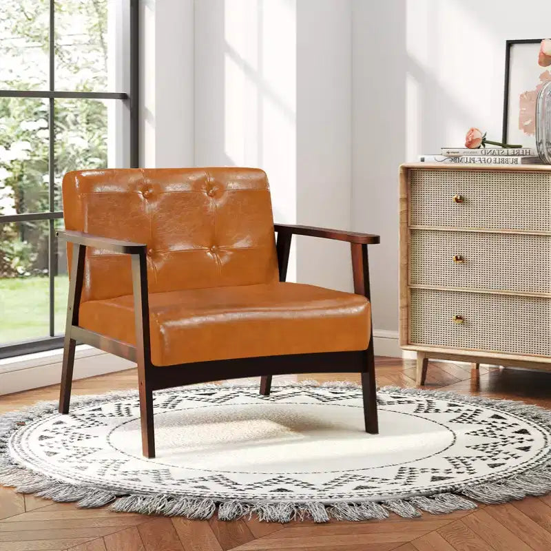 Costway Accent Chair with Armrest & Rubber Wood Frame Button Tufted Chair for Living Room Brown/Black