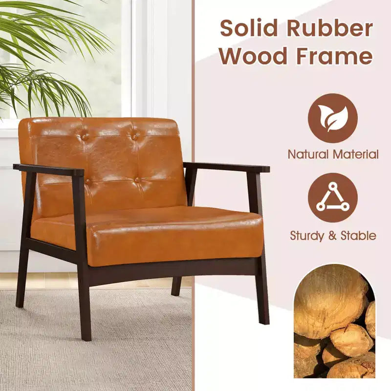 Costway Accent Chair with Armrest & Rubber Wood Frame Button Tufted Chair for Living Room Brown/Black