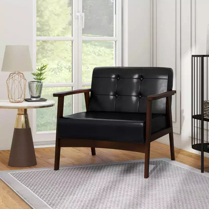Costway Accent Chair with Armrest & Rubber Wood Frame Button Tufted Chair for Living Room Brown/Black