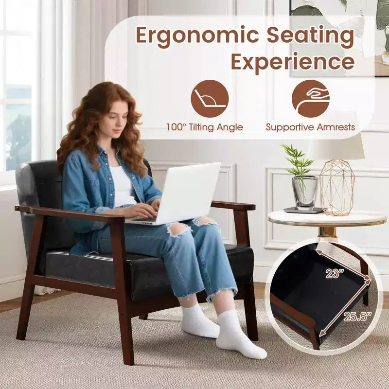 Costway Accent Chair with Armrest & Rubber Wood Frame Button Tufted Chair for Living Room Brown/Black