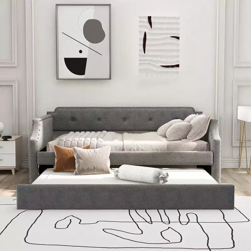 Twin Size Wood Daybed with Trundle Bed, Upholstered Sofa Bed-ModernLuxe