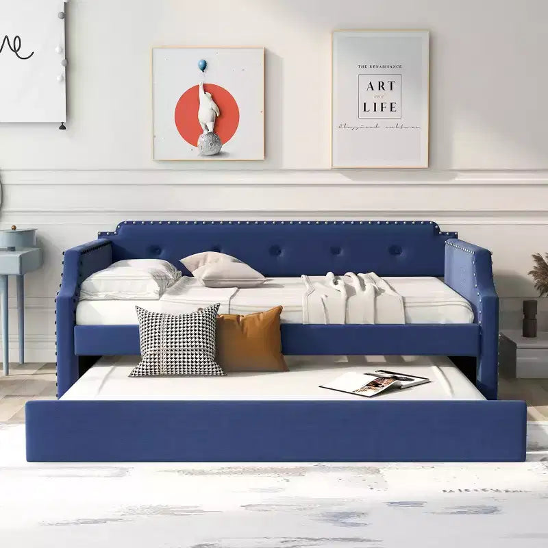 Twin Size Wood Daybed with Trundle Bed, Upholstered Sofa Bed-ModernLuxe