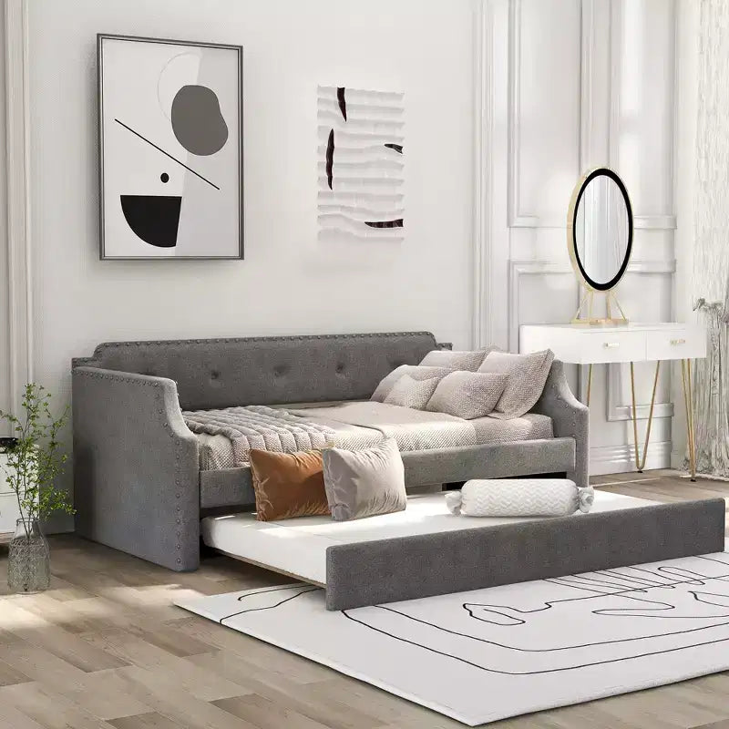 Twin Size Wood Daybed with Trundle Bed, Upholstered Sofa Bed-ModernLuxe