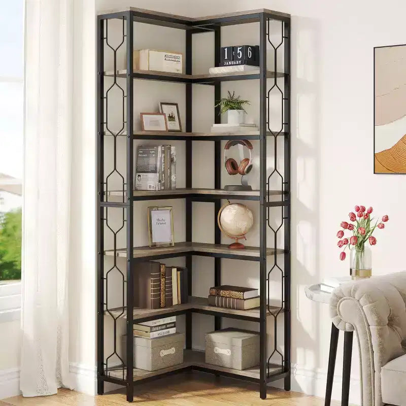 Tribesigns 7-Tier L-Shaped Bookshelf, Wood Corner Etagere Bookcase, Freestanding Display Shelving Unit