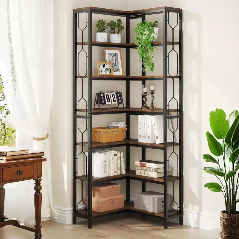 Tribesigns 7-Tier L-Shaped Bookshelf, Wood Corner Etagere Bookcase, Freestanding Display Shelving Unit