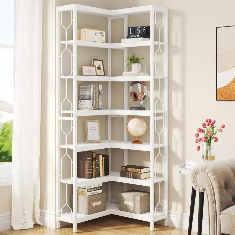 Tribesigns 7-Tier L-Shaped Bookshelf, Wood Corner Etagere Bookcase, Freestanding Display Shelving Unit